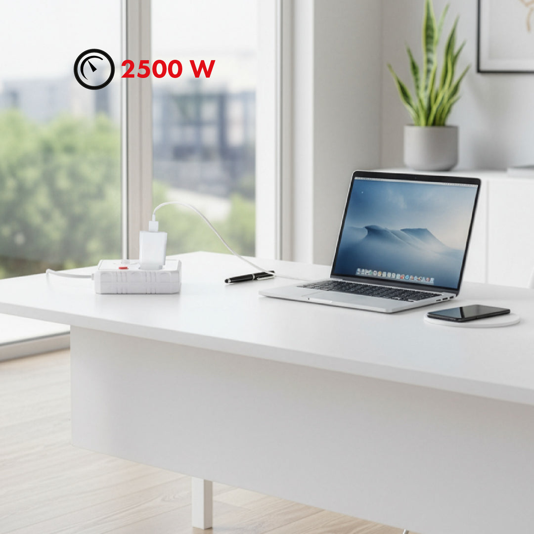 Multiprise Maclean, câble d'extension 2 prises + 3xUSB, 110-240V AC 50/60Hz, 2.1A max 2500W, 3 m, blanc, MCE388 W