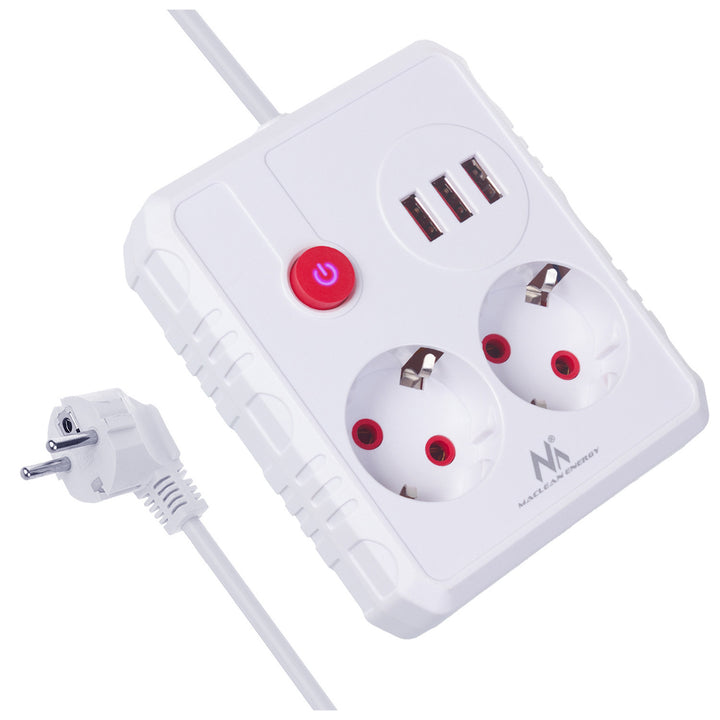Multiprise Maclean, câble d'extension 2 prises + 3xUSB, 110-240V AC 50/60Hz, 2.1A max 2500W, 3 m, blanc, MCE388 W