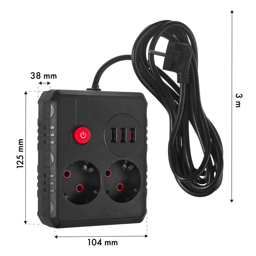 Multiprise Maclean, câble d'extension 2 prises + 3xUSB, 110-240V AC 50/60Hz, 2.1A max 2500W, 3 m, noir, MCE388 B