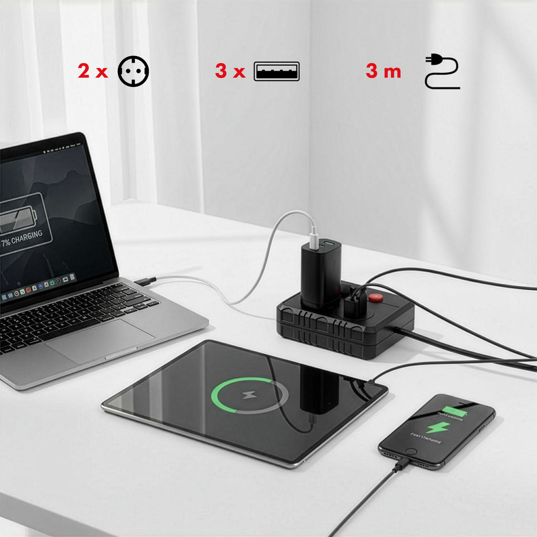 Multiprise Maclean, câble d'extension 2 prises + 3xUSB, 110-240V AC 50/60Hz, 2.1A max 2500W, 3 m, noir, MCE388 B