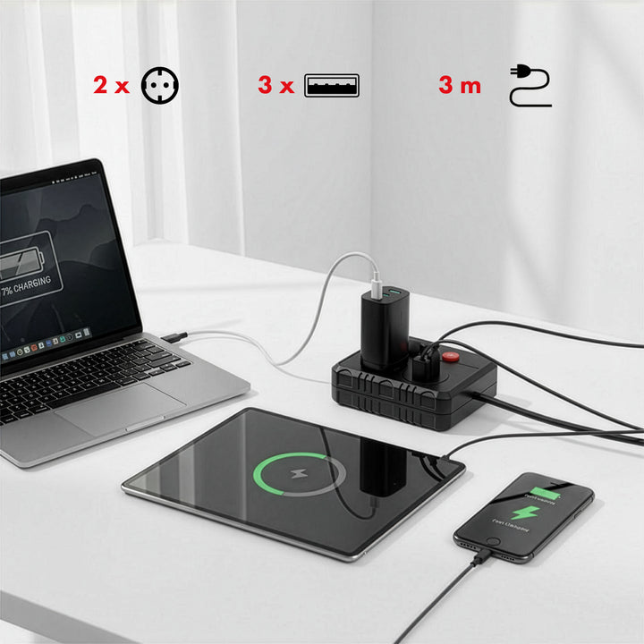 Multiprise Maclean, câble d'extension 2 prises + 3xUSB, 110-240V AC 50/60Hz, 2.1A max 2500W, 3 m, noir, MCE388 B