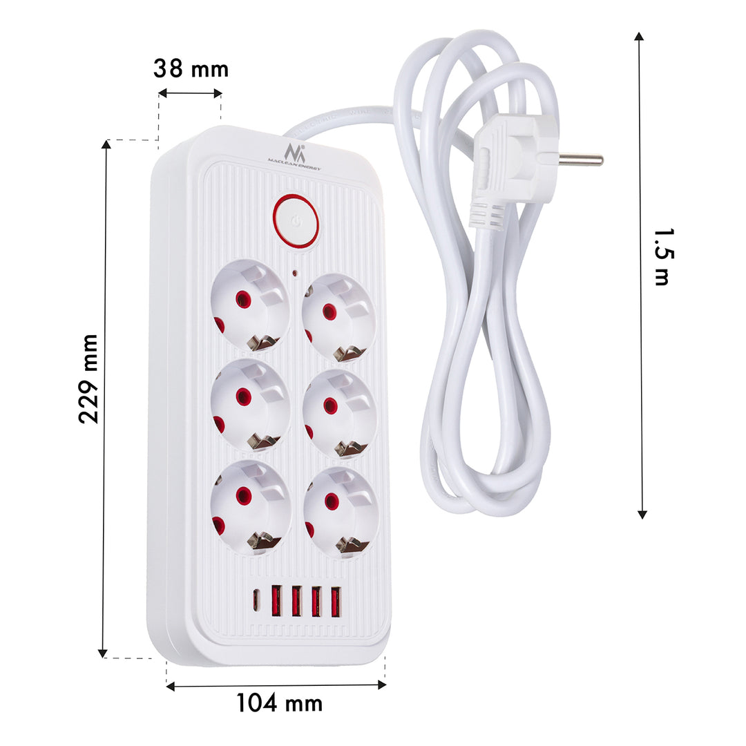 Multiprise Maclean, rallonge 6 prises + 4xUSB, 110-240V AC 50/60Hz, 2.1A max 2500W, 1.5 m, blanc, MCE389 W