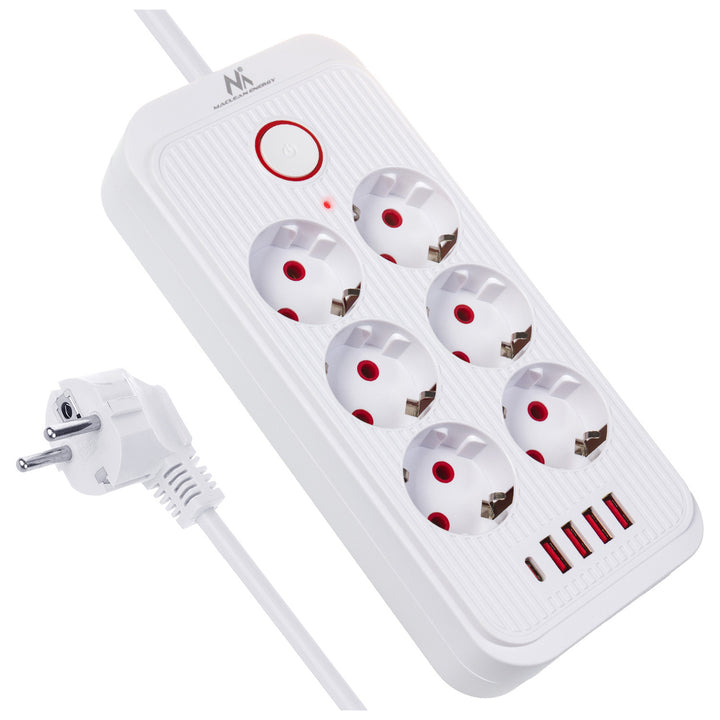 Multiprise Maclean, rallonge 6 prises + 4xUSB, 110-240V AC 50/60Hz, 2.1A max 2500W, 1.5 m, blanc, MCE389 W