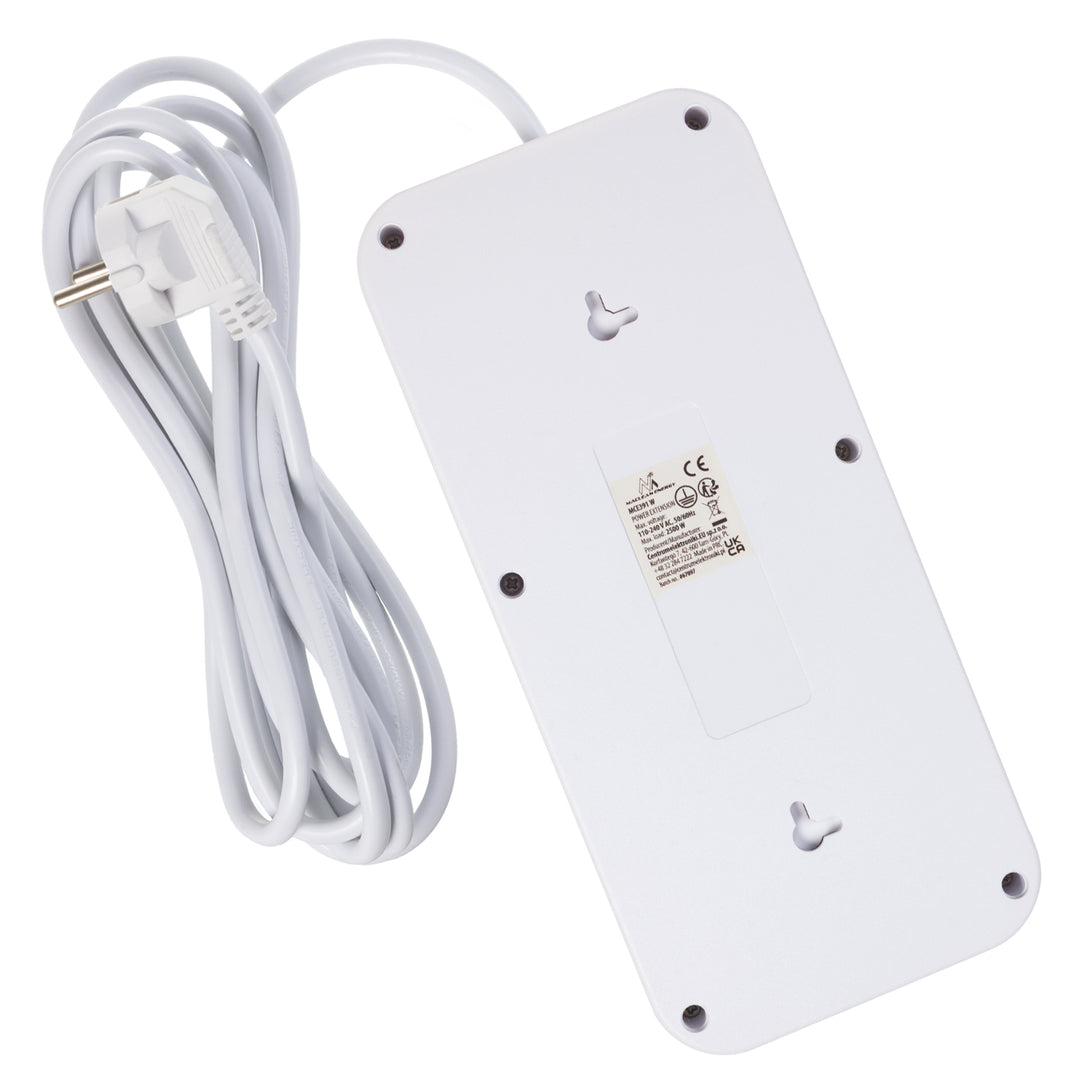 Multiprise Maclean, câble d'extension 6 prises + 4xUSB, 110-240V AC 50/60Hz, 2.1A max 2500W, 3m, blanc, MCE391 W