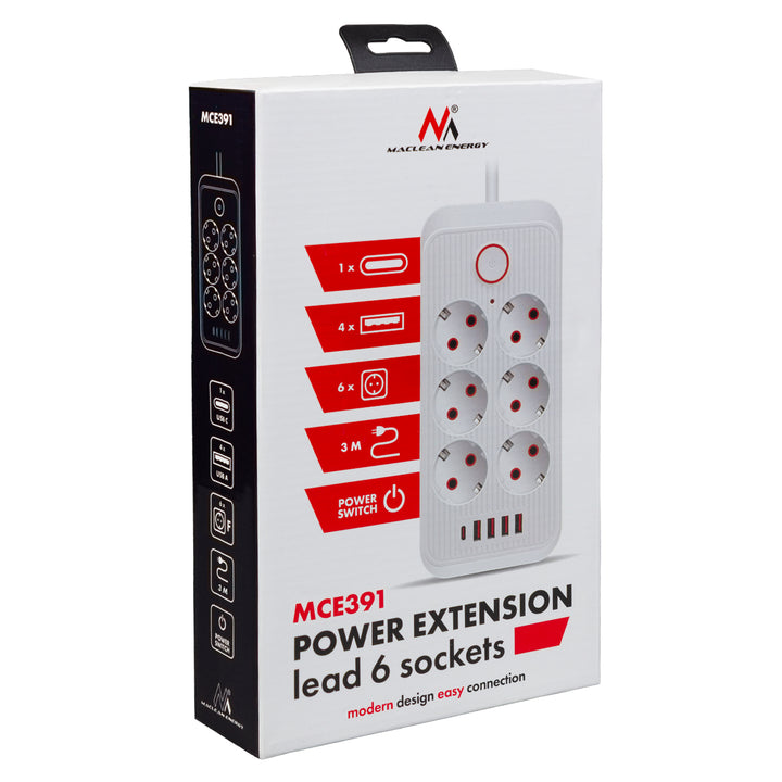 Multiprise Maclean, câble d'extension 6 prises + 4xUSB, 110-240V AC 50/60Hz, 2.1A max 2500W, 3m, blanc, MCE391 W