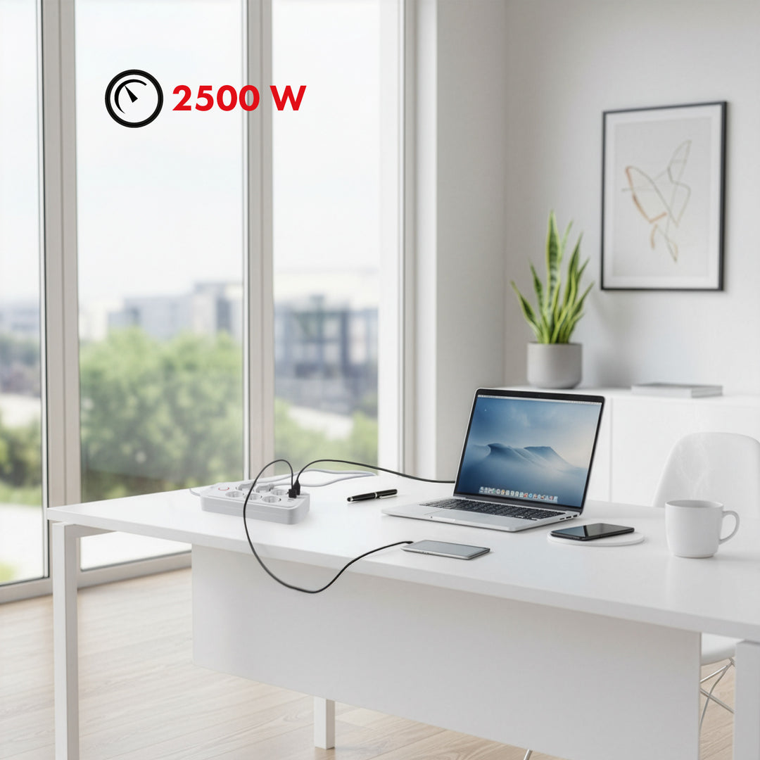 Multiprise Maclean, câble d'extension 6 prises + 4xUSB, 110-240V AC 50/60Hz, 2.1A max 2500W, 3m, blanc, MCE391 W