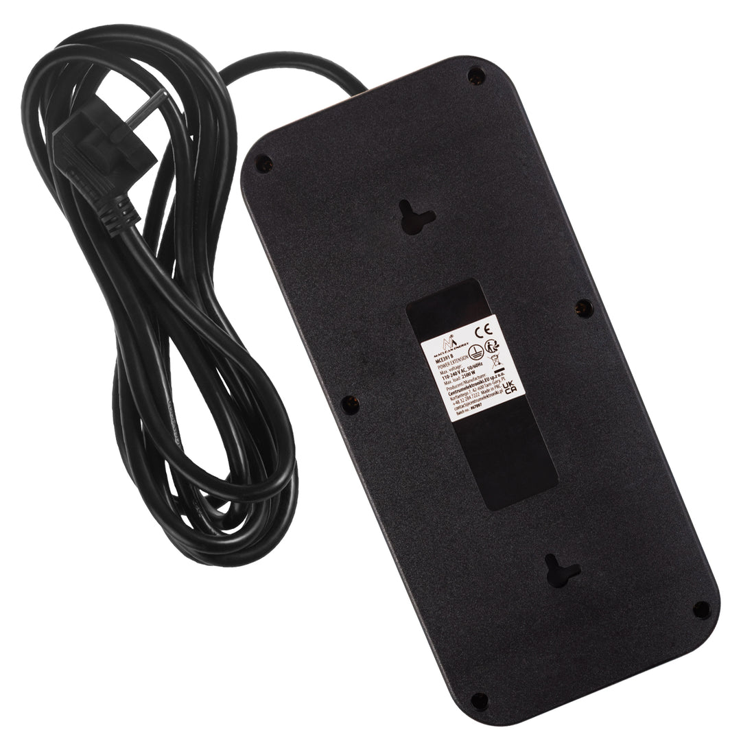 Multiprise Maclean, rallonge 6 prises + 4xUSB, 110-240V AC 50/60Hz, 2.1A max 2500W, 3m, noir, MCE391 B