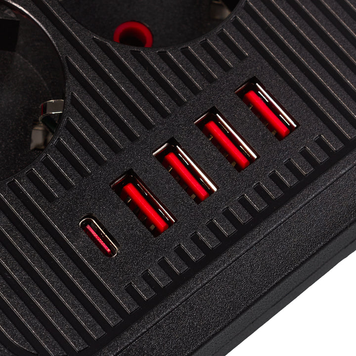 Multiprise Maclean, rallonge 6 prises + 4xUSB, 110-240V AC 50/60Hz, 2.1A max 2500W, 3m, noir, MCE391 B