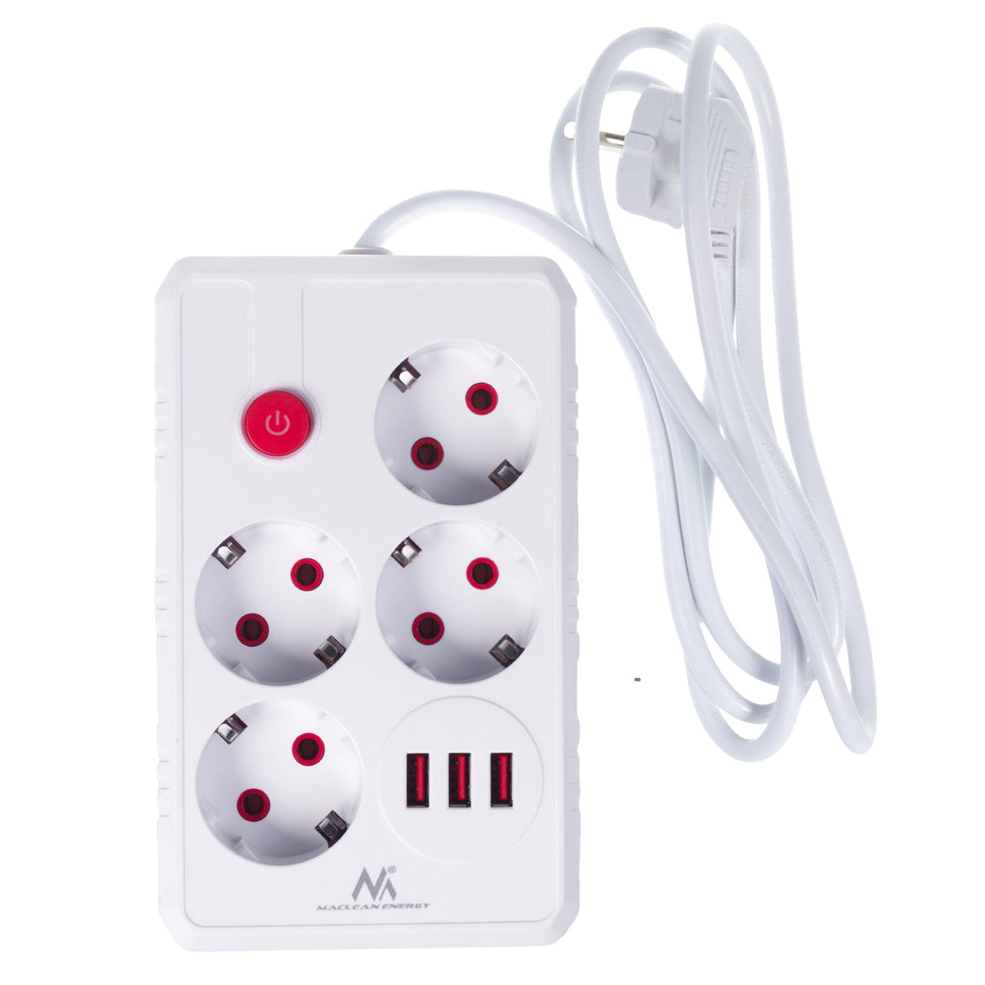 Multiprise Maclean, rallonge 4 prises + 3xUSB, 110-240V AC 50/60Hz, 2.1A max 2500W, 1.5m, blanc, MCE392 W