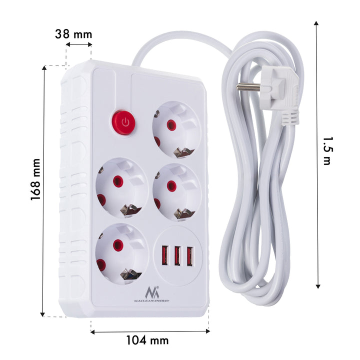 Multiprise Maclean, rallonge 4 prises + 3xUSB, 110-240V AC 50/60Hz, 2.1A max 2500W, 1.5m, blanc, MCE392 W