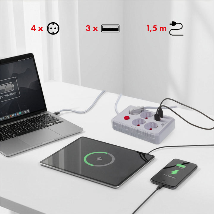 Multiprise Maclean, rallonge 4 prises + 3xUSB, 110-240V AC 50/60Hz, 2.1A max 2500W, 1.5m, blanc, MCE392 W
