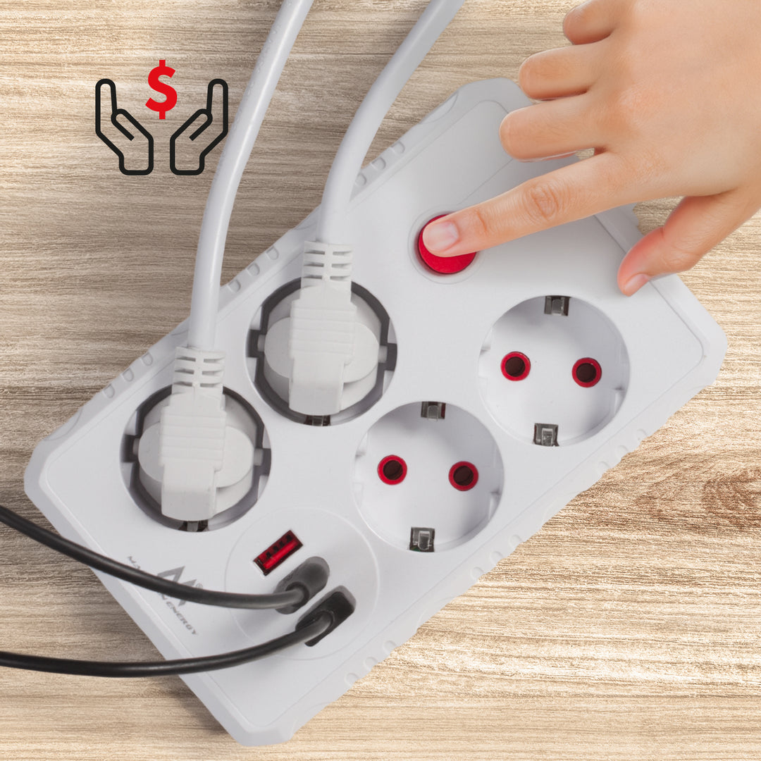 Multiprise Maclean, rallonge 4 prises + 3xUSB, 110-240V AC 50/60Hz, 2.1A max 2500W, 1.5m, blanc, MCE392 W