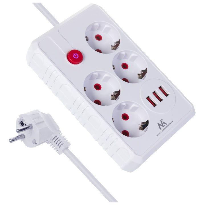 Multiprise Maclean, rallonge 4 prises + 3xUSB, 110-240V AC 50/60Hz, 2.1A max 2500W, 1.5m, blanc, MCE392 W