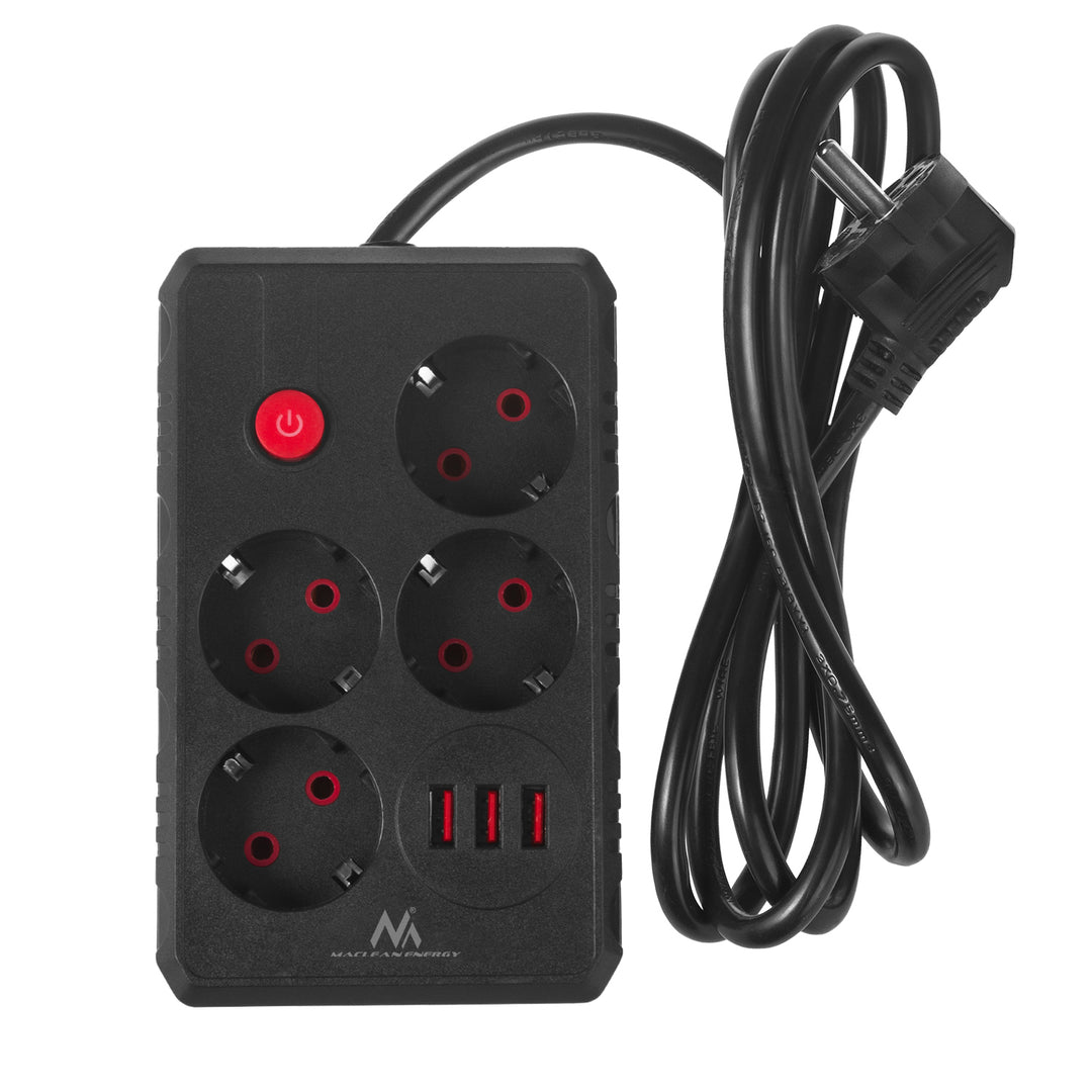 Multiprise Maclean, rallonge 4 prises + 3xUSB, 110-240V AC 50/60Hz, 2.1A max 2500W, 1.5m, noir, MCE392 B