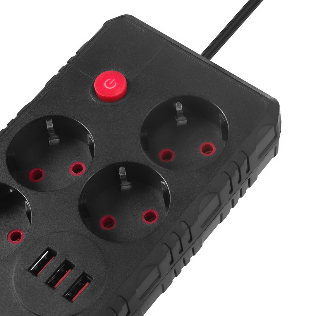 Multiprise Maclean, rallonge 4 prises + 3xUSB, 110-240V AC 50/60Hz, 2.1A max 2500W, 1.5m, noir, MCE392 B