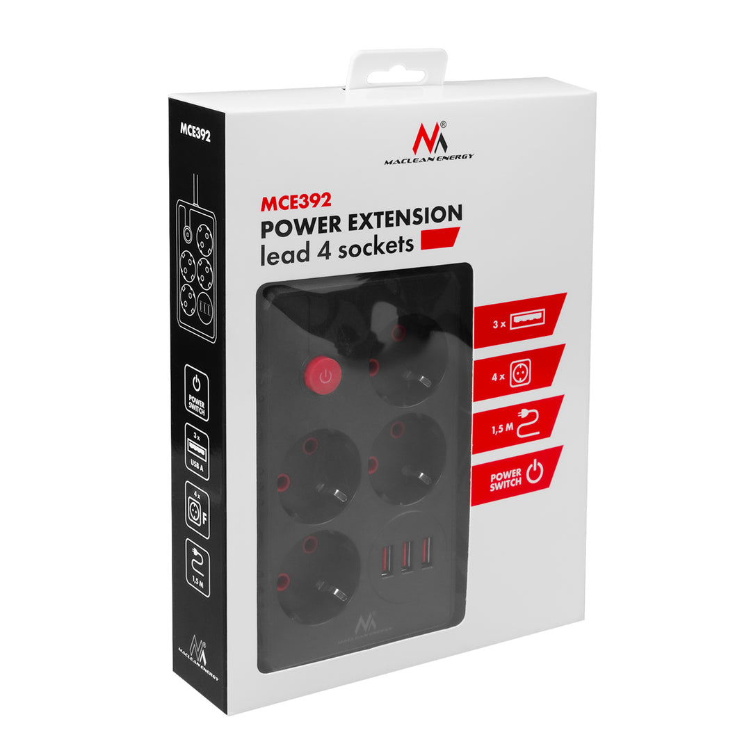 Multiprise Maclean, rallonge 4 prises + 3xUSB, 110-240V AC 50/60Hz, 2.1A max 2500W, 1.5m, noir, MCE392 B