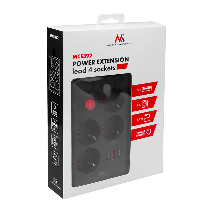 Multiprise Maclean, rallonge 4 prises + 3xUSB, 110-240V AC 50/60Hz, 2.1A max 2500W, 1.5m, noir, MCE392 B