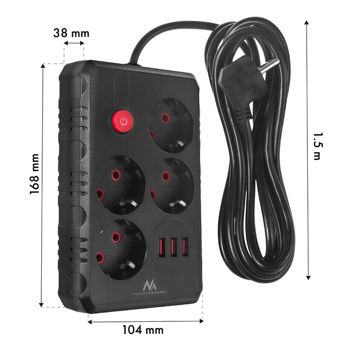 Multiprise Maclean, rallonge 4 prises + 3xUSB, 110-240V AC 50/60Hz, 2.1A max 2500W, 1.5m, noir, MCE392 B