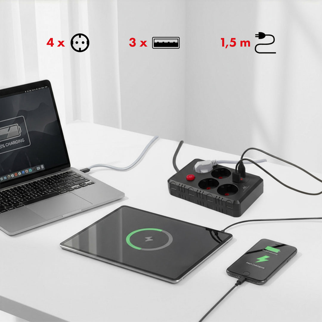 Multiprise Maclean, rallonge 4 prises + 3xUSB, 110-240V AC 50/60Hz, 2.1A max 2500W, 1.5m, noir, MCE392 B