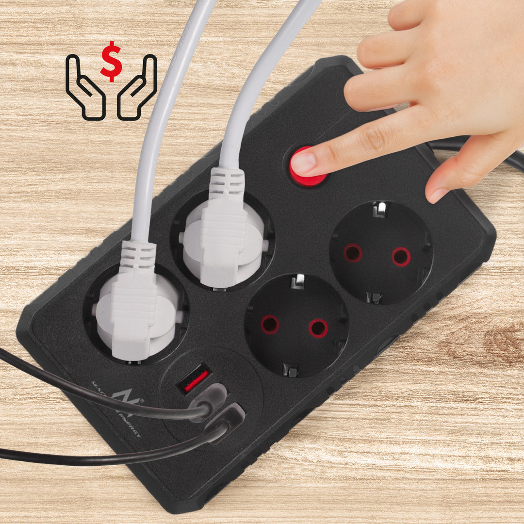 Multiprise Maclean, rallonge 4 prises + 3xUSB, 110-240V AC 50/60Hz, 2.1A max 2500W, 1.5m, noir, MCE392 B