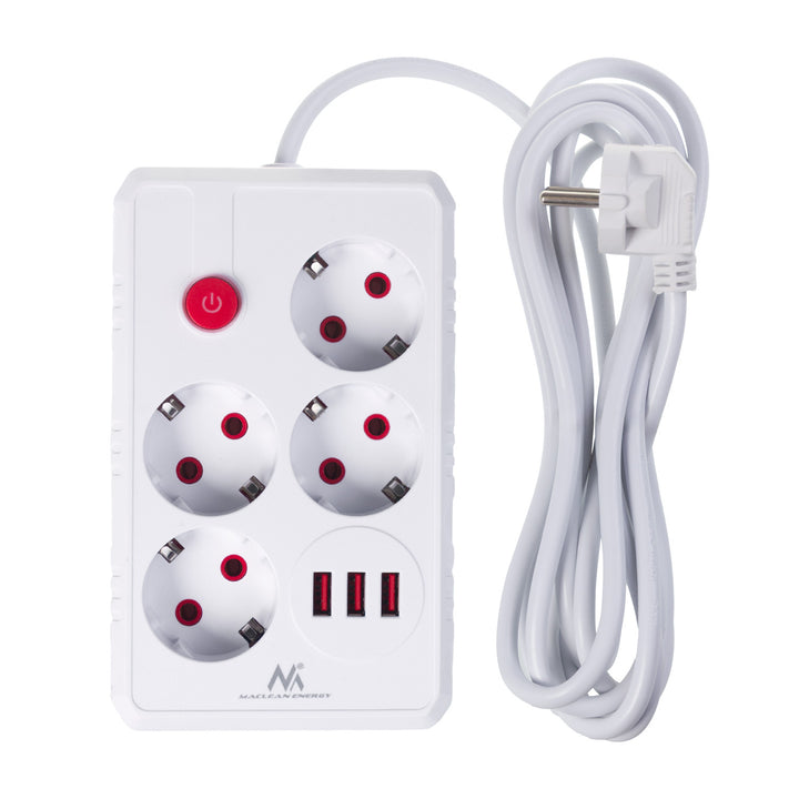 Multiprise Maclean, rallonge 4 prises + 3xUSB, 110-240V AC 50/60Hz, 2.1A max 2500W, 3m, blanc, MCE393 W