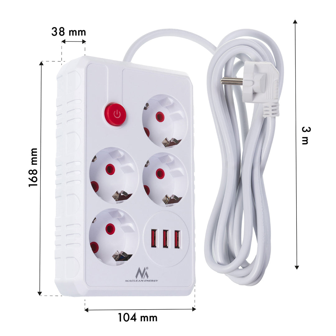 Multiprise Maclean, rallonge 4 prises + 3xUSB, 110-240V AC 50/60Hz, 2.1A max 2500W, 3m, blanc, MCE393 W