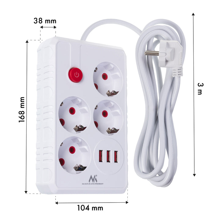 Multiprise Maclean, rallonge 4 prises + 3xUSB, 110-240V AC 50/60Hz, 2.1A max 2500W, 3m, blanc, MCE393 W