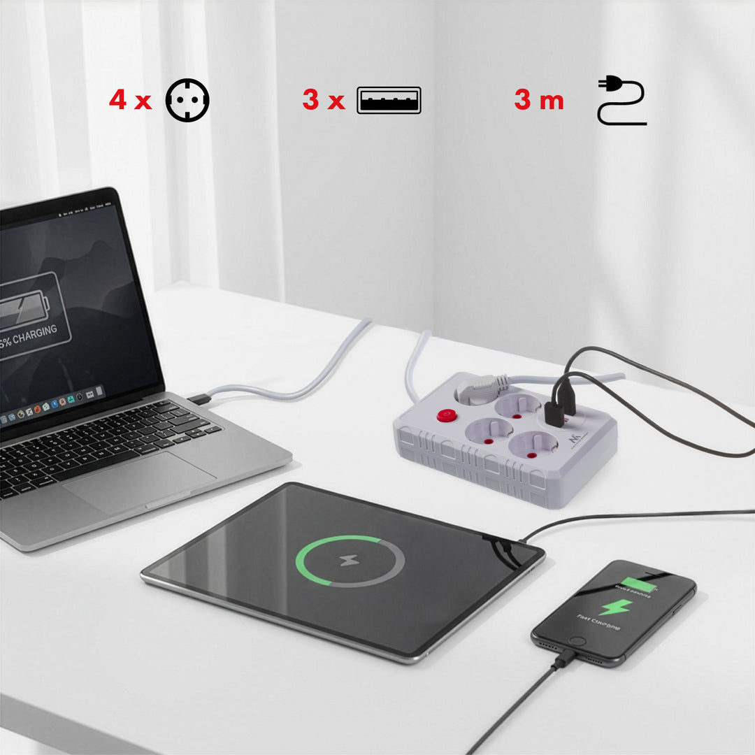 Multiprise Maclean, rallonge 4 prises + 3xUSB, 110-240V AC 50/60Hz, 2.1A max 2500W, 3m, blanc, MCE393 W