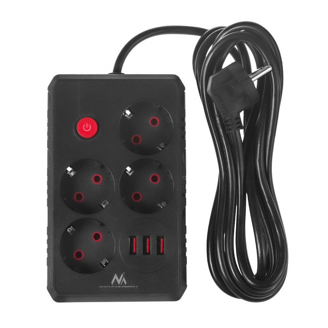 Multiprise Maclean, rallonge 4 prises + 3xUSB, 110-240V AC 50/60Hz, 2.1A max 2500W, 3m, noir, MCE393 B