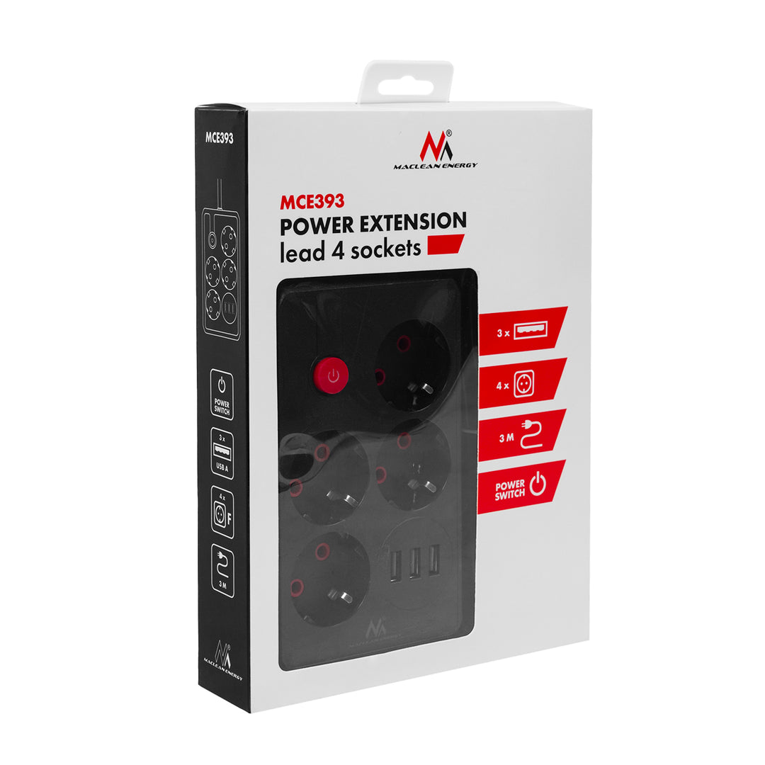 Multiprise Maclean, rallonge 4 prises + 3xUSB, 110-240V AC 50/60Hz, 2.1A max 2500W, 3m, noir, MCE393 B
