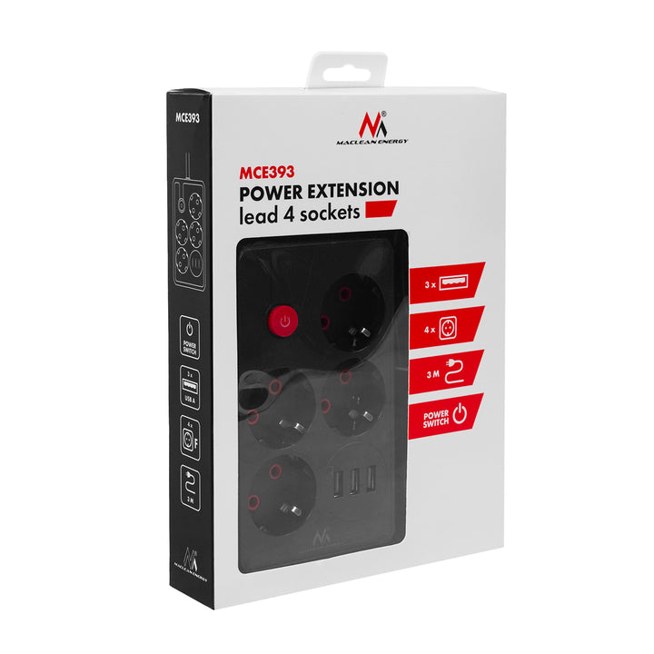 Multiprise Maclean, rallonge 4 prises + 3xUSB, 110-240V AC 50/60Hz, 2.1A max 2500W, 3m, noir, MCE393 B