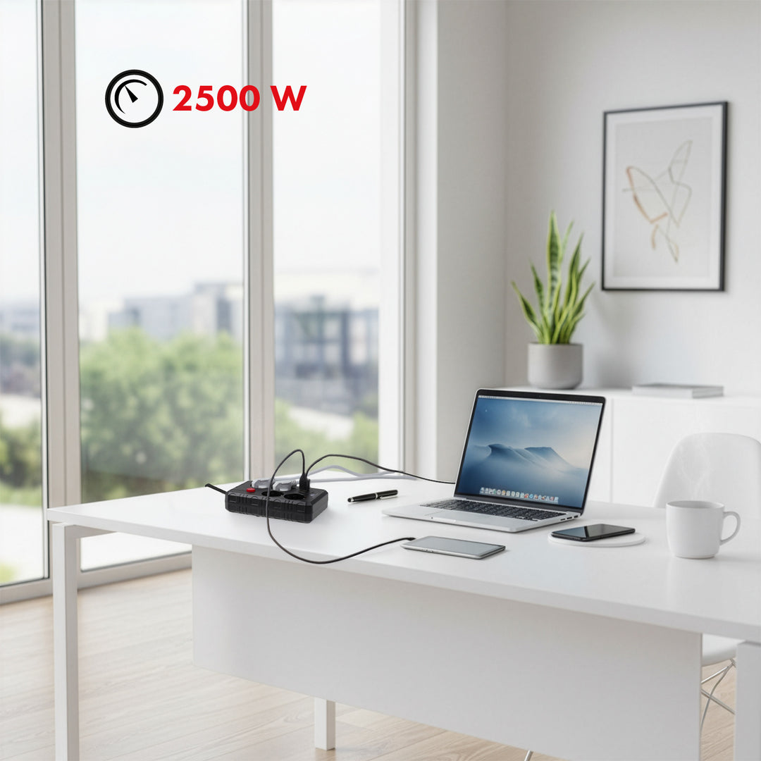 Multiprise Maclean, rallonge 4 prises + 3xUSB, 110-240V AC 50/60Hz, 2.1A max 2500W, 3m, noir, MCE393 B