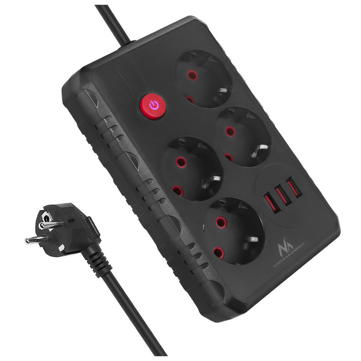 Multiprise Maclean, rallonge 4 prises + 3xUSB, 110-240V AC 50/60Hz, 2.1A max 2500W, 3m, noir, MCE393 B