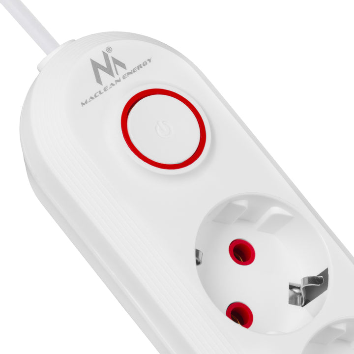 Multiprise Maclean, rallonge 3 prises + 3xUSB, 110-240V AC 50/60Hz, 2.1A max 2500W, 1.5m, blanc, MCE394 W