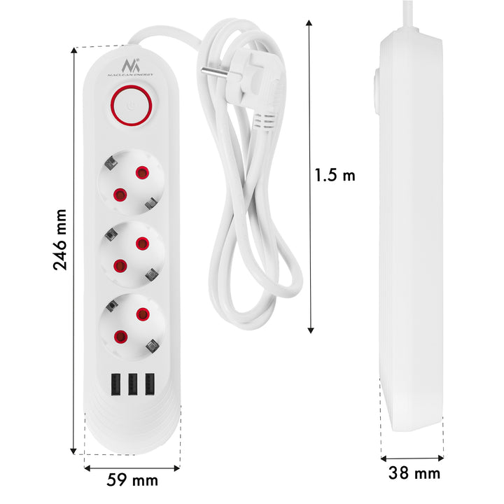 Multiprise Maclean, rallonge 3 prises + 3xUSB, 110-240V AC 50/60Hz, 2.1A max 2500W, 1.5m, blanc, MCE394 W