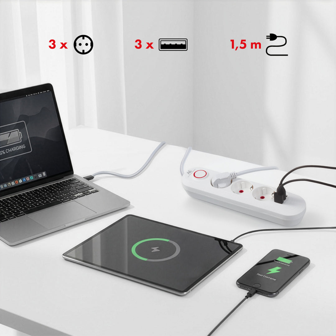 Multiprise Maclean, rallonge 3 prises + 3xUSB, 110-240V AC 50/60Hz, 2.1A max 2500W, 1.5m, blanc, MCE394 W