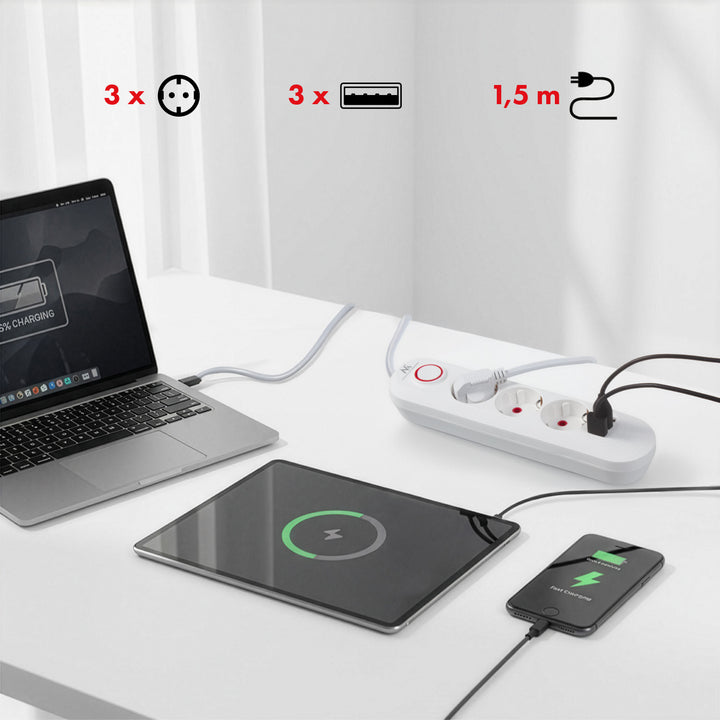 Multiprise Maclean, rallonge 3 prises + 3xUSB, 110-240V AC 50/60Hz, 2.1A max 2500W, 1.5m, blanc, MCE394 W