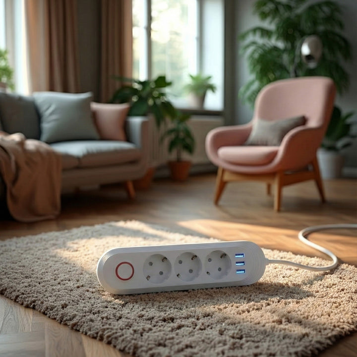 Multiprise Maclean, rallonge 3 prises + 3xUSB, 110-240V AC 50/60Hz, 2.1A max 2500W, 1.5m, blanc, MCE394 W