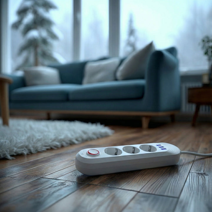 Multiprise Maclean, rallonge 3 prises + 3xUSB, 110-240V AC 50/60Hz, 2.1A max 2500W, 1.5m, blanc, MCE394 W