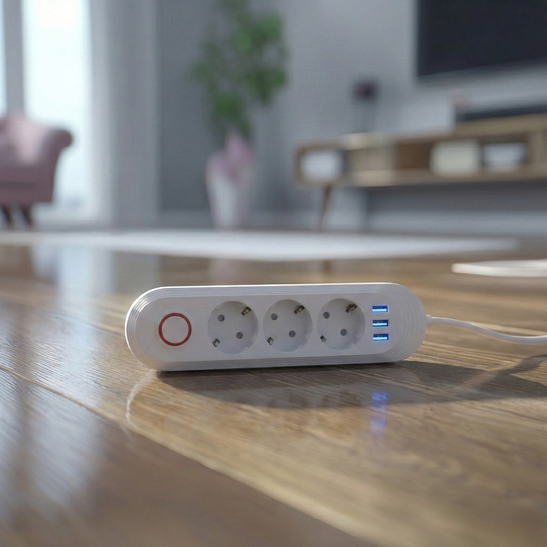 Multiprise Maclean, rallonge 3 prises + 3xUSB, 110-240V AC 50/60Hz, 2.1A max 2500W, 1.5m, blanc, MCE394 W