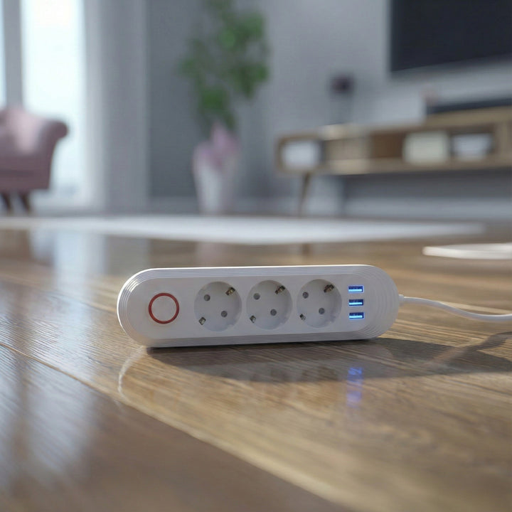 Multiprise Maclean, rallonge 3 prises + 3xUSB, 110-240V AC 50/60Hz, 2.1A max 2500W, 1.5m, blanc, MCE394 W