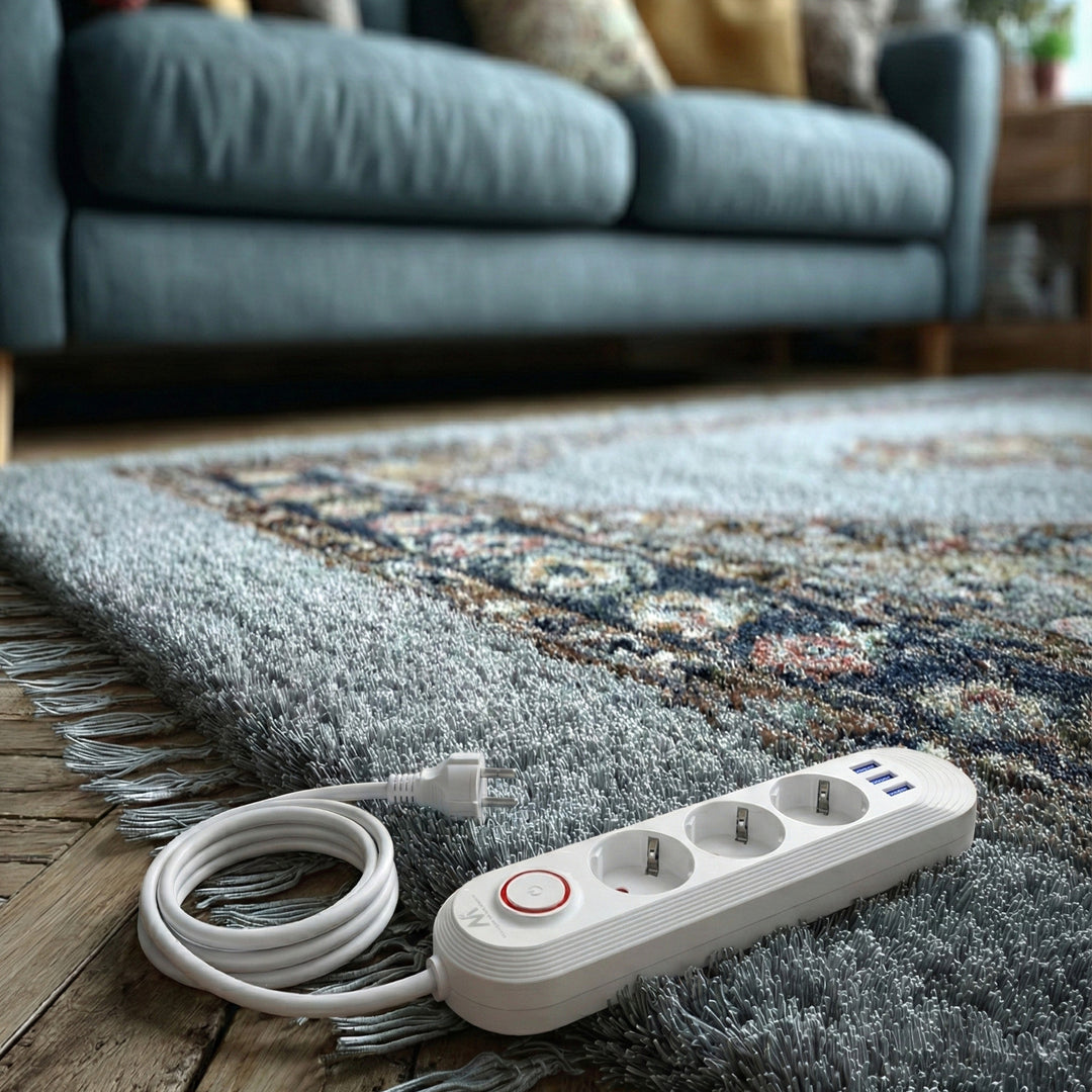 Multiprise Maclean, rallonge 3 prises + 3xUSB, 110-240V AC 50/60Hz, 2.1A max 2500W, 1.5m, blanc, MCE394 W