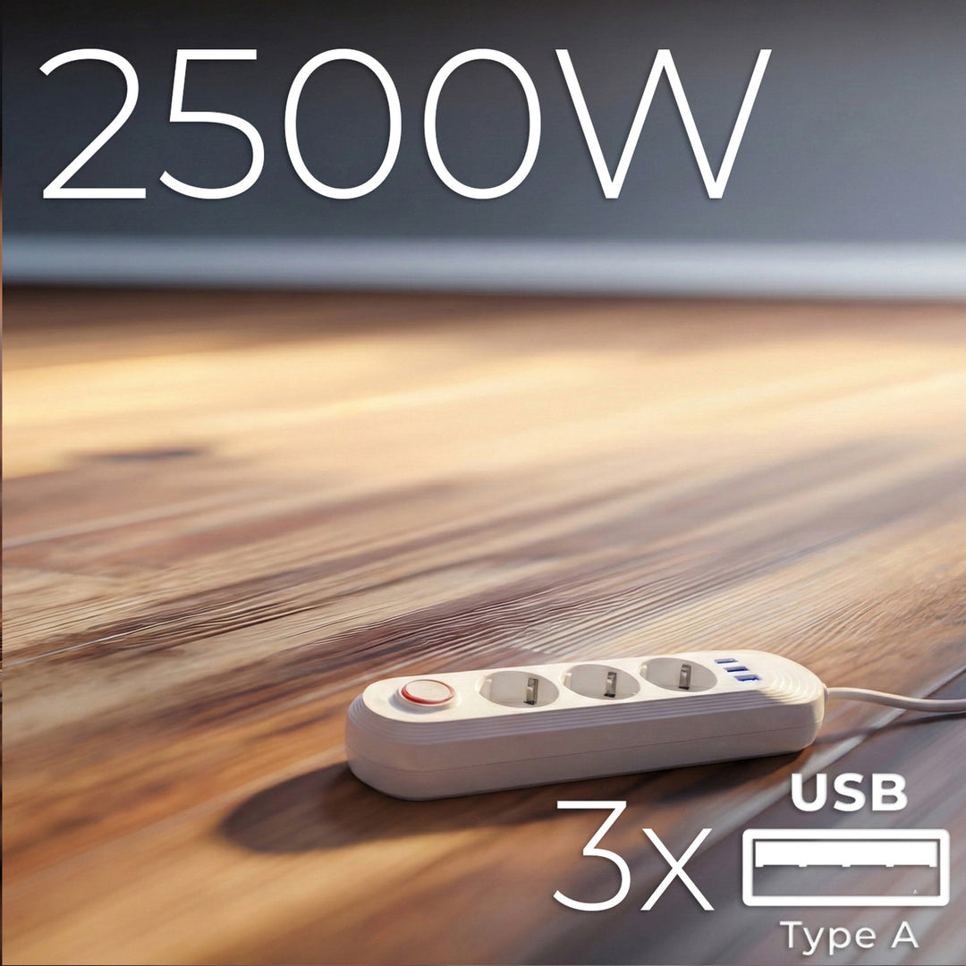 Multiprise Maclean, rallonge 3 prises + 3xUSB, 110-240V AC 50/60Hz, 2.1A max 2500W, 1.5m, blanc, MCE394 W