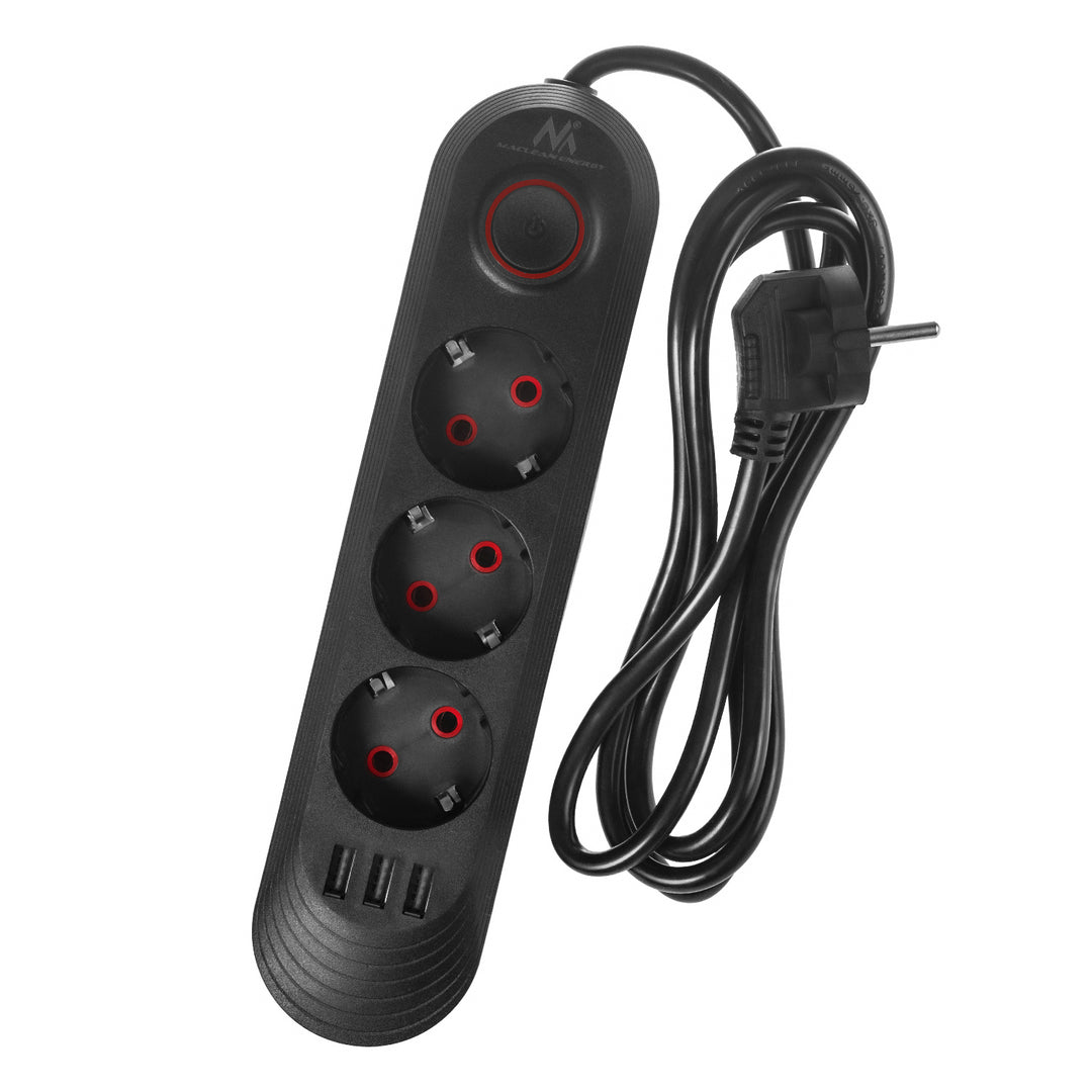 Multiprise Maclean, rallonge 3 prises + 3xUSB, 110-240V AC 50/60Hz, 2.1A max 2500W, 1.5m, noir, MCE394 B