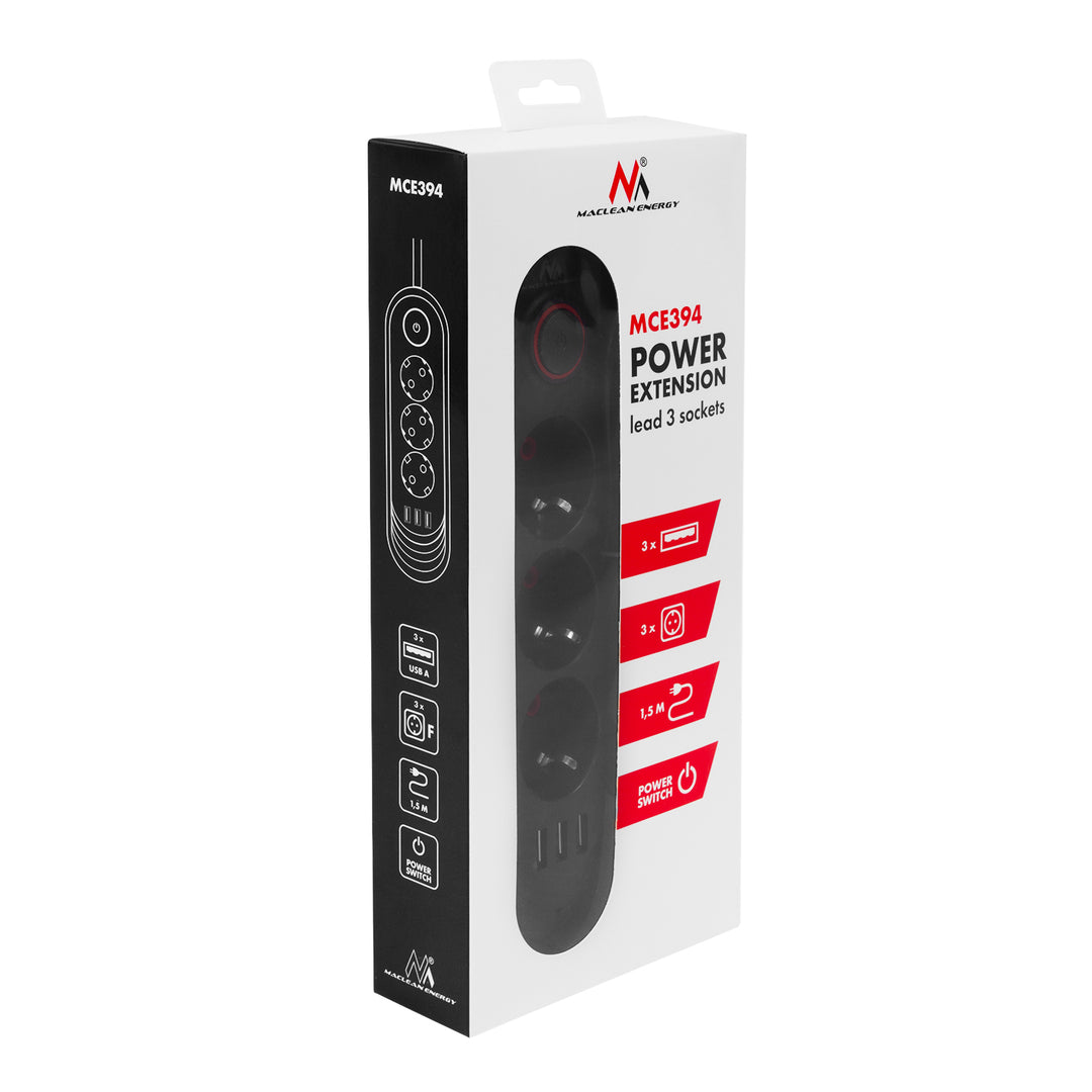 Multiprise Maclean, rallonge 3 prises + 3xUSB, 110-240V AC 50/60Hz, 2.1A max 2500W, 1.5m, noir, MCE394 B