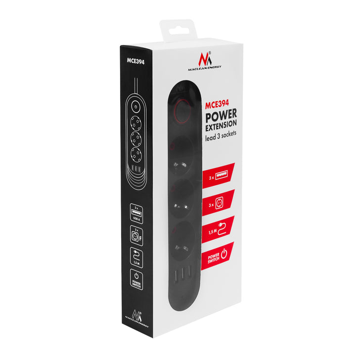 Multiprise Maclean, rallonge 3 prises + 3xUSB, 110-240V AC 50/60Hz, 2.1A max 2500W, 1.5m, noir, MCE394 B