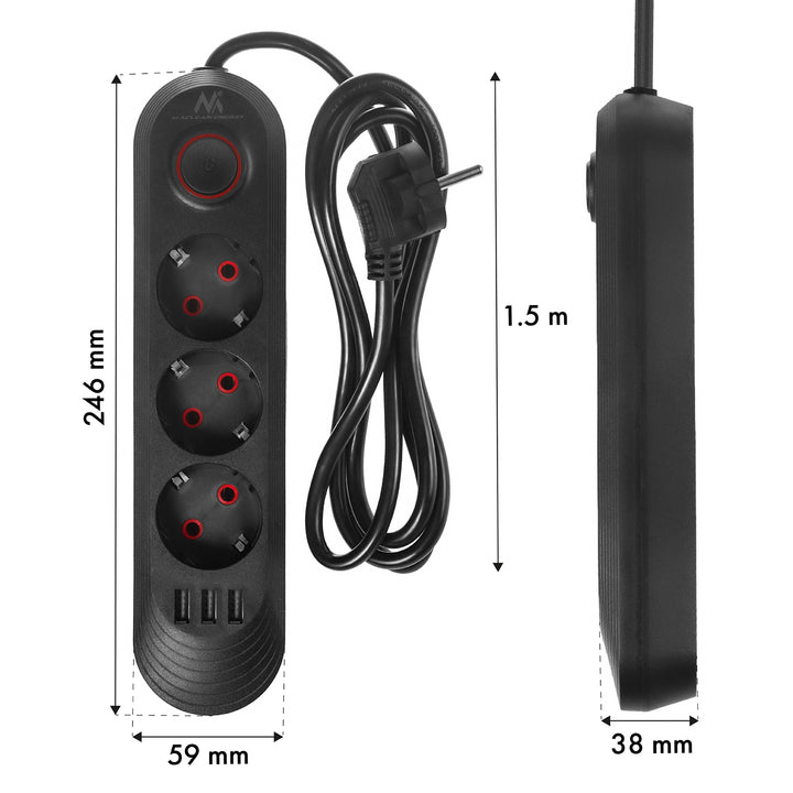 Multiprise Maclean, rallonge 3 prises + 3xUSB, 110-240V AC 50/60Hz, 2.1A max 2500W, 1.5m, noir, MCE394 B