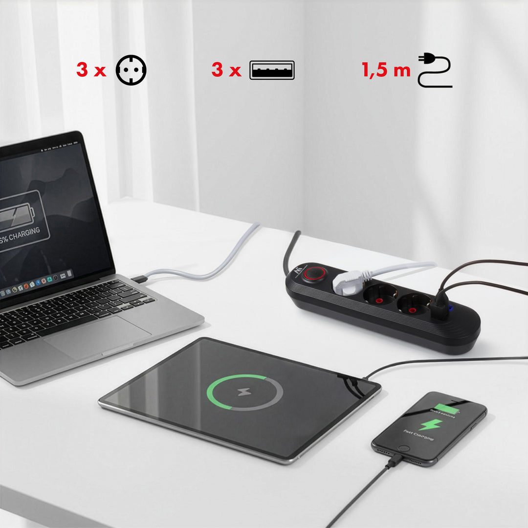 Multiprise Maclean, rallonge 3 prises + 3xUSB, 110-240V AC 50/60Hz, 2.1A max 2500W, 1.5m, noir, MCE394 B