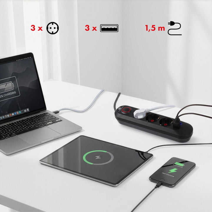 Multiprise Maclean, rallonge 3 prises + 3xUSB, 110-240V AC 50/60Hz, 2.1A max 2500W, 1.5m, noir, MCE394 B