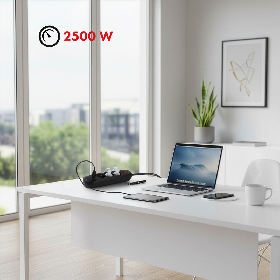 Multiprise Maclean, rallonge 3 prises + 3xUSB, 110-240V AC 50/60Hz, 2.1A max 2500W, 1.5m, noir, MCE394 B